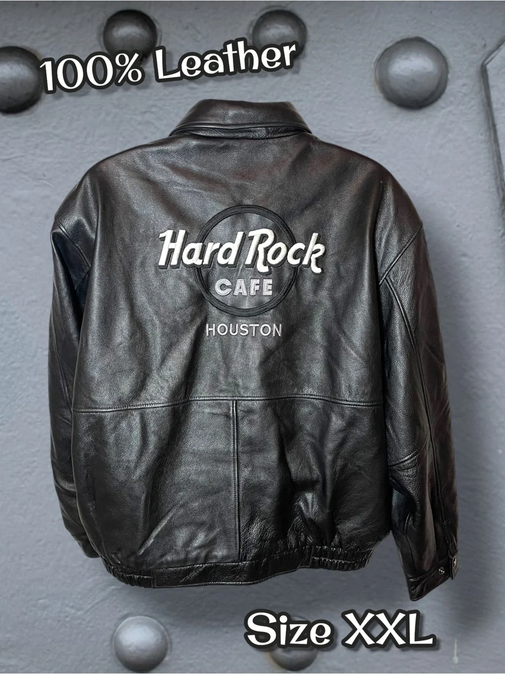 Hard Rock Cafe Houston   Embroidered Black Leather Bomber Jacket Men's Size XXL